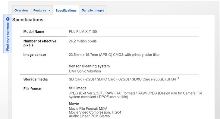 Fujifilm случайно опубликовала характеристики беззеркальной камеры X-T100 до анонса