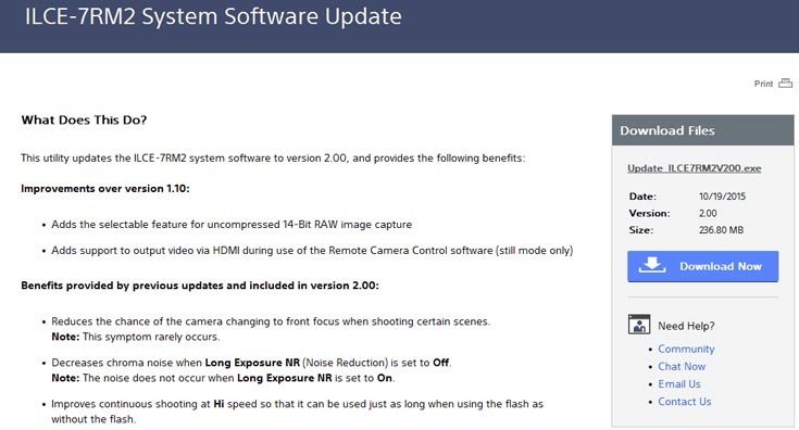В новой версии прошивки для Sony A7R II сохранены исправления, сделанные в промежуточных обновлениях