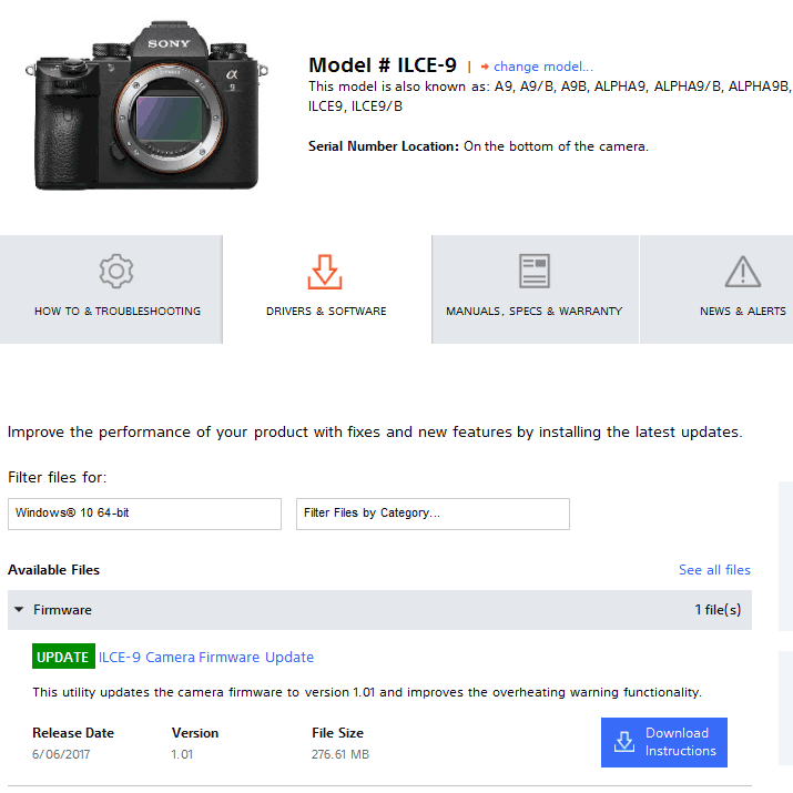 Новая версия прошивки для камеры Sony A9 носит номер 1.01