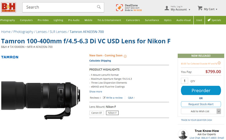 Объектив Tamron 100-400mm f/4.5-6.3 Di VC USD (Model A035) будет предложен в вариантах для камер Canon и Nikon